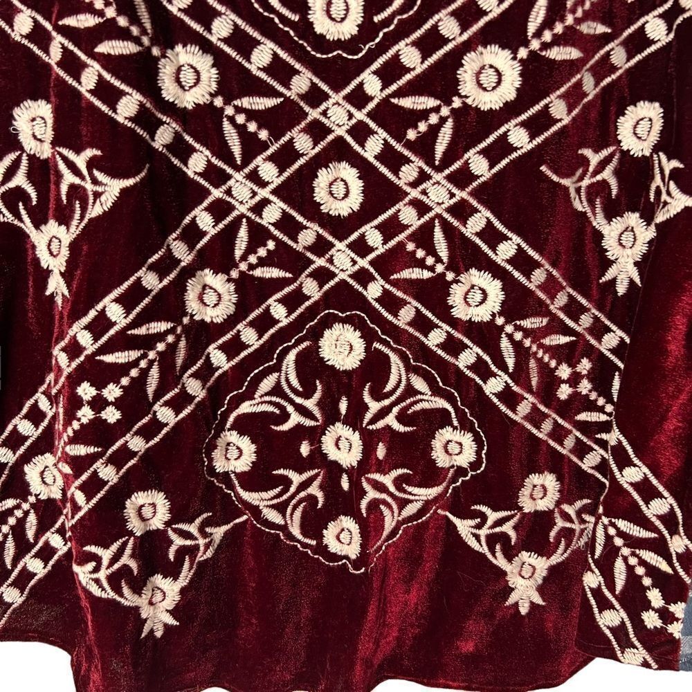 Indigo Thread Co maroon plaid flannel with velvet embroidered back detail S - Picture 6 of 8